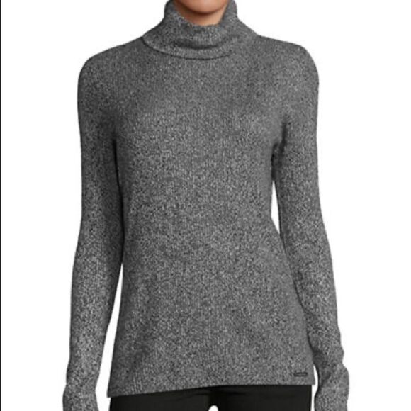 Calvin Klein Marled Turtleneck Top-BLACK/WHITE-Small - Picture 1 of 2